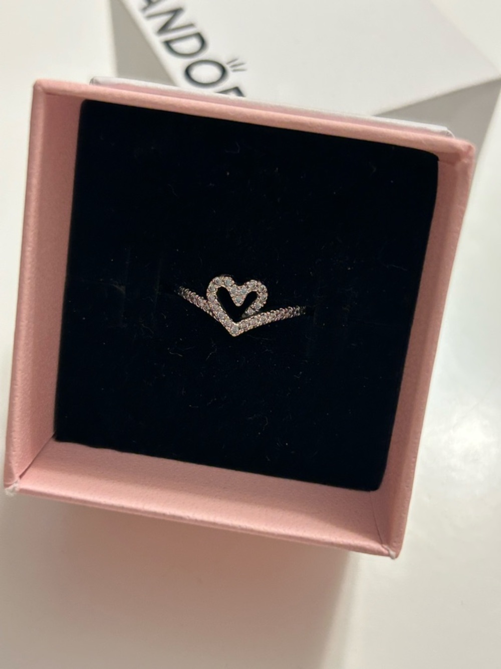 Pandora Wishbone Heart Ring Silver Sparkling Stones with Box Size 6 / 52